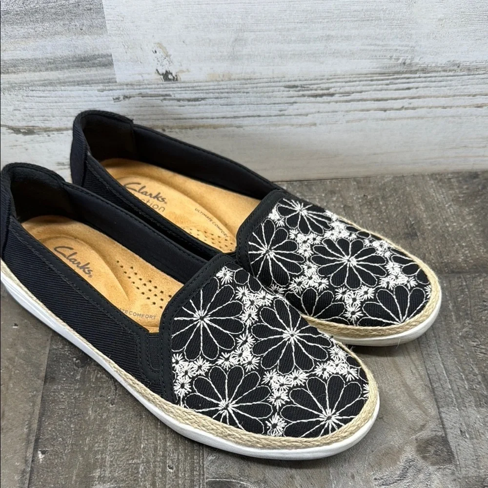 Clarks Collection Black Floral Embroidered Espadrille Flats Size 9m